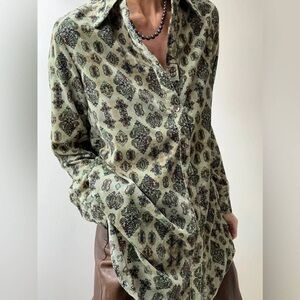 Soft Surroundings Olive Patterned Button Down Shirt